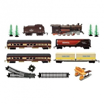 Железная дорога Голубая стрела с паровозом, тендером, 2 пассажирскими вагонами, цистерной, контейнерной платформой и станцией 