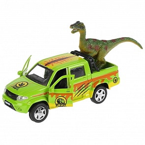 Металлическая инерционная машина – Uaz Pickup Сафари, 12 см, открывающиеся двери, с динозавром (Технопарк, PICKUP-DINO)