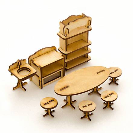 Сборная деревянная модель для кукольного домика - Кухня, 8 позиций 