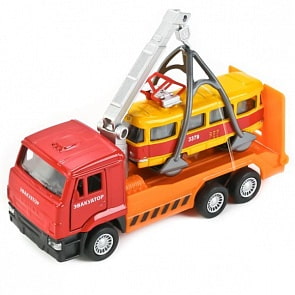Металлическая инерционная модель – КамАЗ эвакуатор и трамвай, 12 и 7,5 см (Технопарк, SB-17-24-F-WBsim)