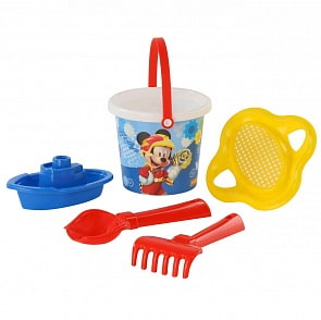 Набор Disney - Микки и Веселые гонки №3: ведро малое с наклейкой, ситечко-цветок, совок №2, грабельки №2, кораблик Юнга (Полесье, 66534) (ассортимент)