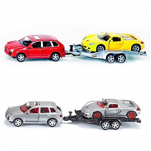 Модель автомобиля Porsche Cayenne Turbo с прицепом и спортивной машиной, 1:55 (Siku, 2544k)