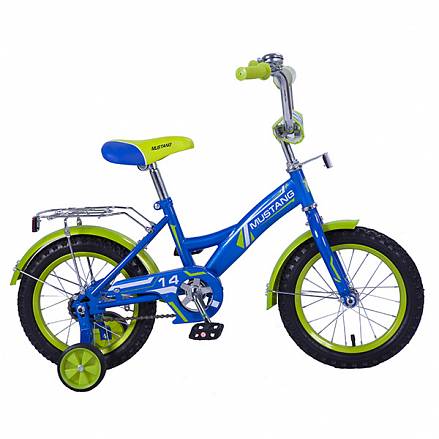 Велосипед детский Mustang с колесами 14", рама GW-тип, багажник, страховочные колеса, звонок, сине/салатовый 