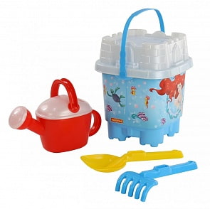 Набор Disney - Русалочка №10: ведро-замок большое с наклейкой, ситечко-замок большое, лопатка №32, грабельки №32, лейка №8 (Полесье, 65988)