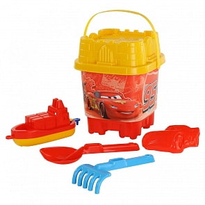 Набор Disney/Pixar – Тачки №32: ведро-замок большое с наклейкой, ситечко-замок большое, лопатка №32, грабельки №32, формочка, кораблик (Полесье, 65551)