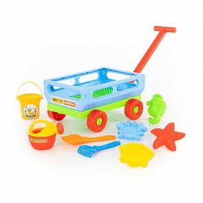 Набор №487: Тележка с ручкой №2, ведро малое, лопатка №5, грабельки №5, 4 формочки, лейка малая (Полесье, 45751)