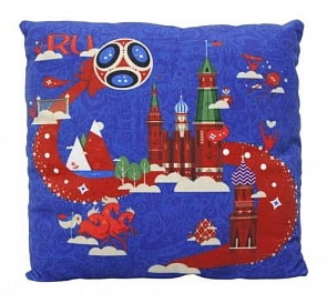 Талисман чемпионат мира по футболу FIFA-2018 - плюшевая подушка с принтом квадратная, 30 см, синяя (1Toy, Т11015)