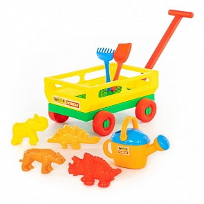 Набор №485: Тележка с ручкой №2 + Лопатка №5, грабельки №5, формочки тигр + мамонт + динозавр №1 + динозавр №2, лейка №8 (Полесье, 45737)