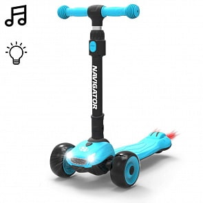 Самокат Navigator 3-колесный голубой, складной, управление наклоном, PU колеса 2х120мм/80мм, алюминий, светящиеся фары, регулируемый руль (1toy, Т17066)