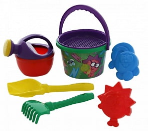 Набор XV: ведро среднее с наклейкой, ситечко, лопатка №5, грабельки №5, 2 формочки большие, лейка малая №4 (Полесье, 0078) (ассортимент)