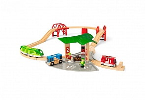 Игровой набор - Железная дорога с автовокзалом, 2 мостами, 25 деталей (Brio, 33627)