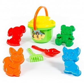 Набор №195: ведро большое, ситечко большое, лопатка №5, грабельки №5, формочки белочка + пёсик + котёнок + медведь (Полесье, 8945)