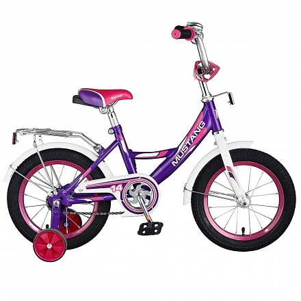 Детский велосипед – Mustang, колеса 14 дюйм, А-тип, багажник страховочные колеса, звонок, фиолетово-белый 