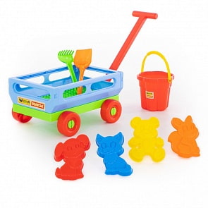 Набор №491: Тележка с ручкой №2 + Ведро-цветок среднее №3, лопатка №5, грабельки №5, формочки белочка + пёсик + котёнок + медведь (Полесье, 45799)
