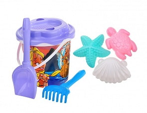 Набор №357: ведро с наклейкой, ситечко Солнышко, лопатка №5, грабельки №5, формочки морская звезда №1 + ракушка №1 + черепаха (Полесье, 35813) (ассортимент)