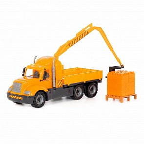 Автомобиль-кран Майк с манипулятором + конструктор Супер-Микс - 30 элементов на поддоне, в сеточке (Полесье, 55606)