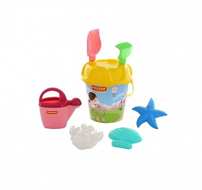 Набор №596: ведро большое с наклейкой, ситечко большое №3, лопата №6, грабли №6, формочки краб №2 + морская звезда №2 + ракушка №2, лейка №10 (Полесье, 62529)