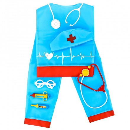 Игровой набор Медик с 7 предметами: штаны, накидка, колпак, стетоскоп, очки, шприц и градусник 