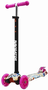 Самокат трехколесный черно-розовый, PU колеса со светом, регулируемый алюминиевый руль, печать вотерпринт (Navigator, Т59982)