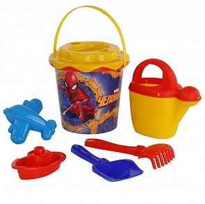 Набор Marvel Человек-Паук №12: ведро с наклейкой, ситечко Солнышко, лопатка №5, грабельки №5, формочка самолёт, кораблик Юнга, лейка №10 (Полесье, 65858) (ассортимент)
