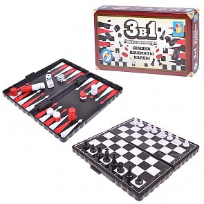 Настольная игра 3 в 1 – Шашки, шахматы и нарды, магнитные (1toy, Т52447)