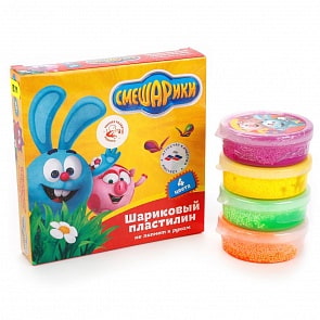 Шариковый пластилин мелкозернистый – Смешарики, 4 цвета, застывающий (Multiart, 8322-SM)
