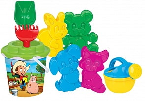 Набор №172: ведро с наклейкой, ситечко Солнышко, лопатка №5, грабельки №5, 4 формочки, лейка малая №4 (Полесье, 5150)