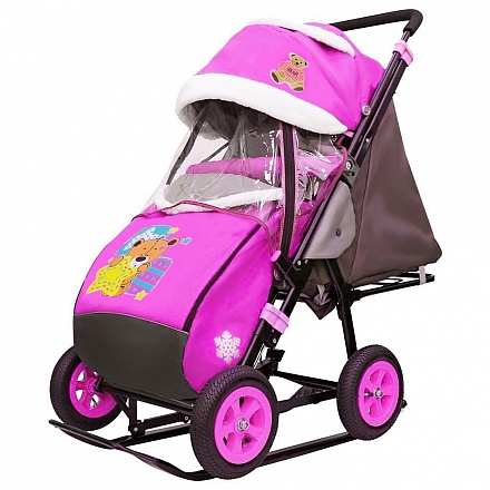 Санки-коляска Snow Galaxy City-1-1 - Мишка со звездой на розовом, на больших надувных колесах, сумка, варежки 