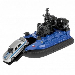 Десантный катер 18 см синий с полицейской машиной Lada свет-звук двери открываются металл (Технопарк, MURENA-16SLPOL-PRIBU)