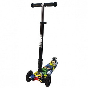 Самокат 3-колесный складной, управление наклоном, светящиеся колеса 120 и 76 мм., цвет – черный с разноцветным принтом (Next, S098-2sim)