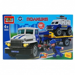 Конструктор - Полицейский Урал перевозчик с джипом, 180 деталей (Город мастеров, 3094-KK)