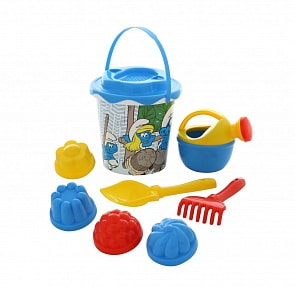 Набор №3 Смурфики: Затерянная деревня-3: ведро с наклейкой, ситечко Солнышко, лопатка №5, грабельки №5, лейка малая №4, формочки 4 шт (Полесье, 64974) (ассортимент)
