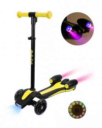 Самокат Moby Kids Junior Rocket, 120 мм PU, свет, регулируемая рулевая стойка, фара+звук+дым, желтый 