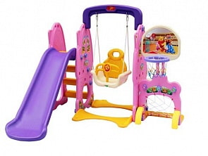 Игровой комплекс Котенок с качелями, детской горкой, футбольными воротами и баскетбольным кольцом, лиловый (Qiaoqiao, QQ14098-15)