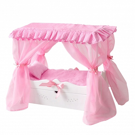 Кровать с выдвижным ящиком для кукол с постельным бельем и балдахином, цвет белый 