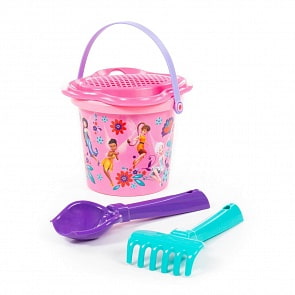 Набор для песка Disney Феи №5: ведро малое с наклейкой, ситечко-цветок, совок №2, грабельки №2 (Полесье, 81636) (ассортимент)