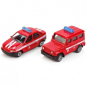 Набор - Пожарная часть с 2-мя металлическими машинками Уаз и Лада, 7,5 см (Технопарк, 92090F-Rsim)