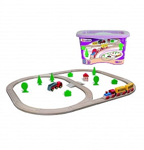 Набор деревянной железной дороги с грузовым поездом и аксессуарами, 35 деталей в пластиковом ящике (Eichhorn, 100001227)