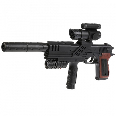 Пистолет с лазерным и оптическим прицелом SP3-A1, с фонарем, глушителем и пульками 