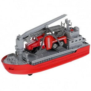 Транспортный корабль с пожарной машиной свет-звук 17 см металлический инерционный (Технопарк, CRANEBOAT-17SLFIR-URLRD)