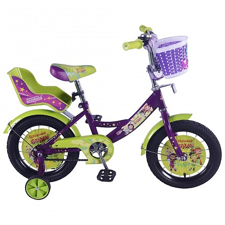 Велосипед детский 14' Сказочный патруль a-тип со звонком и страховочными колесами фиолетовый/салатовый 