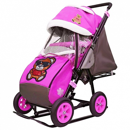 Санки-коляска Snow Galaxy - City-1-1 - Мишка в красной футболке в очках, цвет розовый на больших надувных колесах, сумка, варежки 