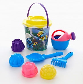 Набор №3 - Смурфики: Затерянная деревня-1: ведро с наклейкой, ситечко Солнышко, лопатка №5, грабельки №5, лейка малая №4, 4 формочки (Полесье, 64899) (ассортимент)