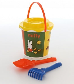 Миффи-2 набор №1: ведро с наклейкой, ситечко Солнышко, лопатка №5, грабельки №5 (Полесье, 64677)