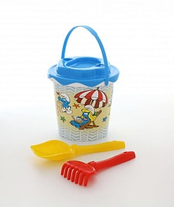 Набор №1 Смурфики-1: ведро с наклейкой, ситечко Солнышко, лопатка №5, грабельки №5 (Полесье, 65117) (ассортимент)