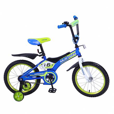 Велосипед детский Mustang Cross с колесами 16", рама TR-тип, страховочные колеса, звонок, сине/салатовый 