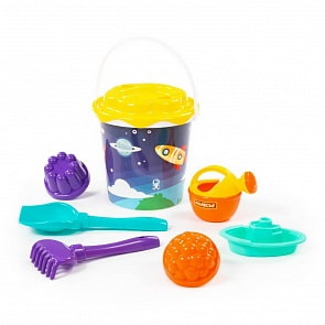 Набор №201: ведро с наклейкой, ситечко Солнышко, лопатка №5, грабельки №5, 2 формочки, кораблик Юнга, лейка малая №3 (Полесье, 9225)
