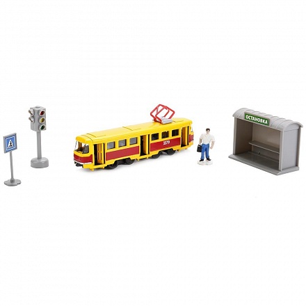 Игровой набор – Трамвай с остановкой и аксессуарами, 16,5 см 