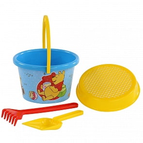 Набор песочный Disney - Винни и его друзья №6: ведро среднее с наклейкой, ситечко, лопатка, грабельки (Полесье, П-66886-no)