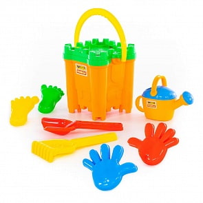 Набор №471: ведро-крепость Макси, сито-крепость Макси, лопатка №30, грабельки №30, формочки 2 ладошки + 2 ножки, лейка №8 (Полесье, 45157)